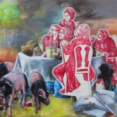 Geschlossene Gesellschaft, 2015, Acryl/Öl auf Nessel, 170 cm x 200 cm